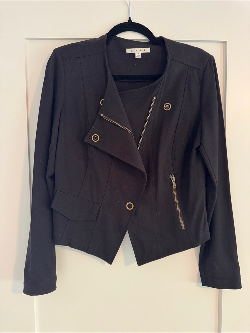 CAbi Black Asymmetrical Zip Moto Jacket with Gold Hardware